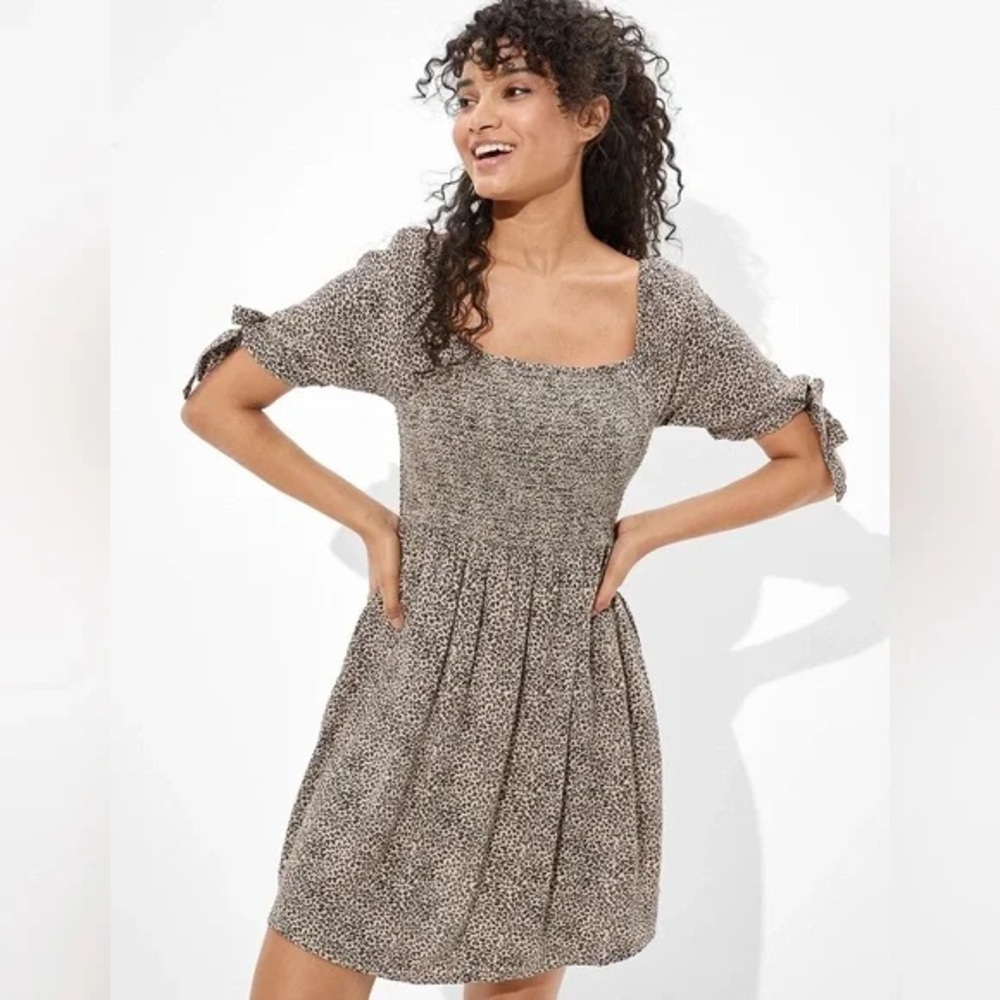 AE Leopard Tie-Sleeve Smocked Mini Dress